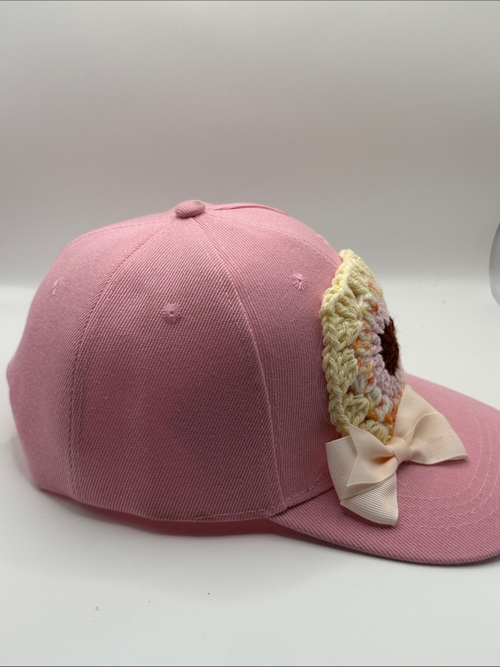Handmade Pink Sunflower Crochet Baseball Cap Bow Coquette Granny Square Hat - Picture 8 of 8